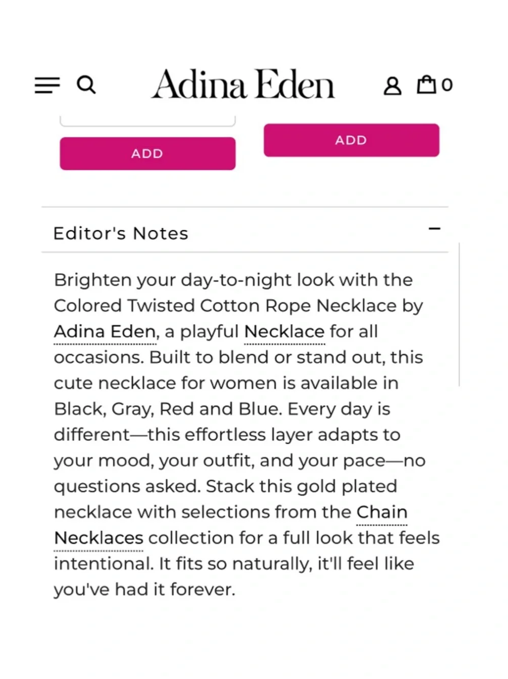 Revolve x Adina Eden Colored Twisted Cotton Rope Necklace in Black